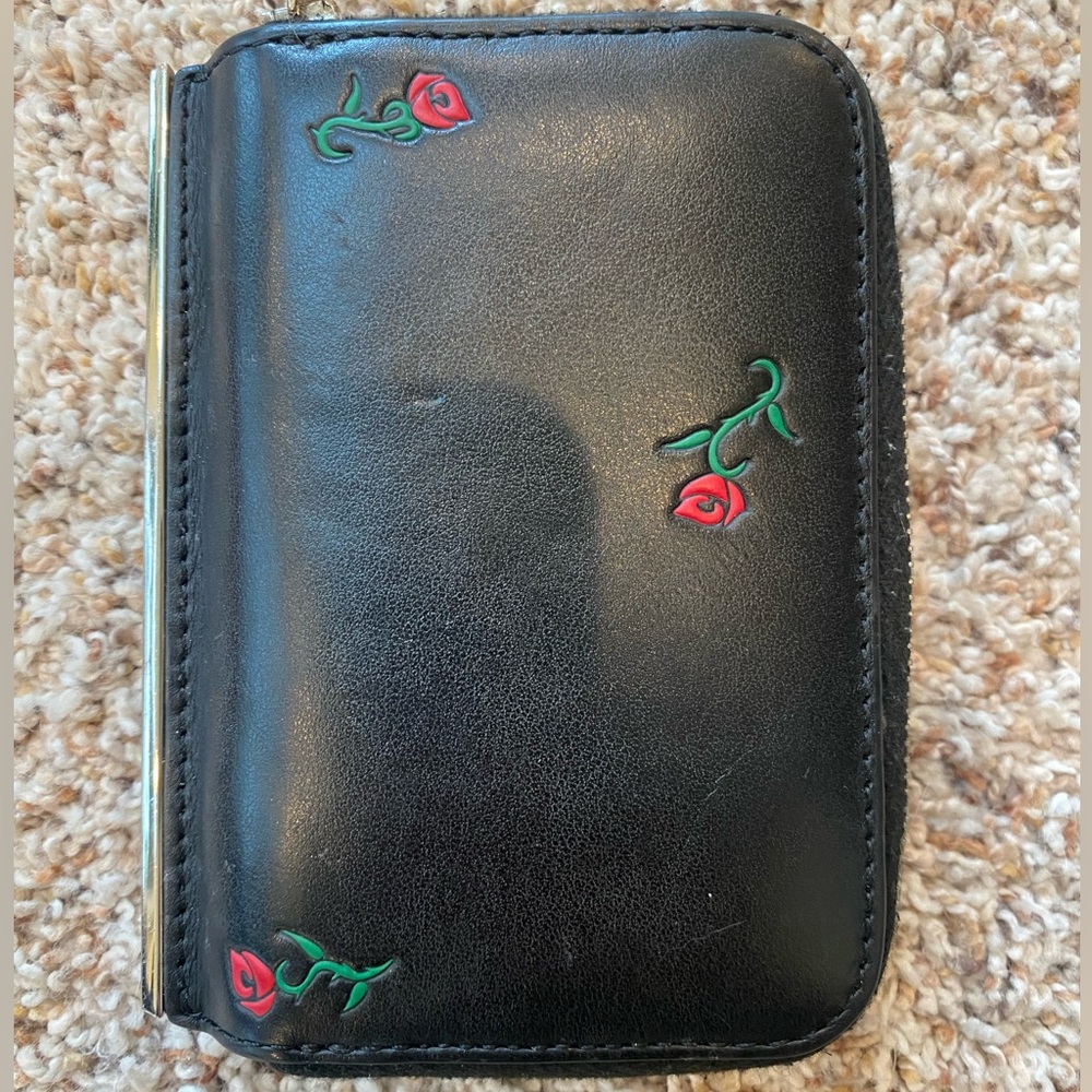 Alexander Wang black leather wallet Red Rosebud dime guc